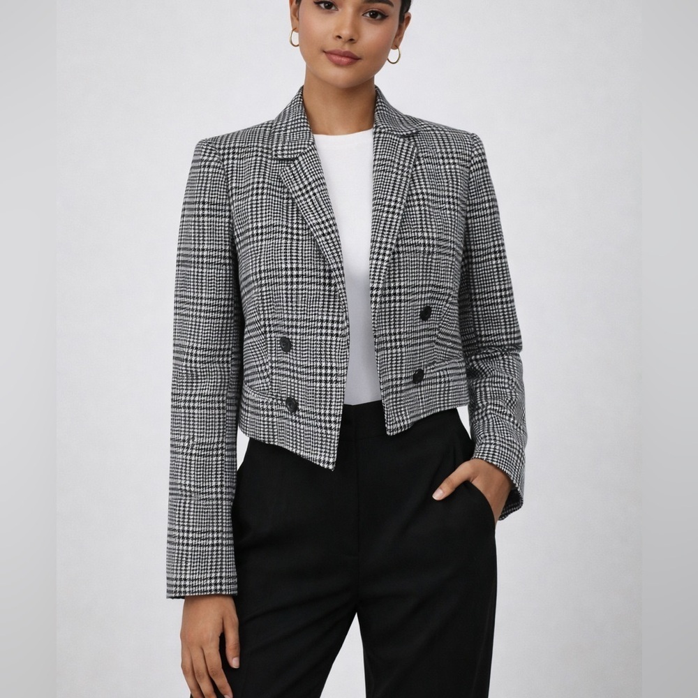 Miss Selfridge Women's Cropped Houndstooth Blazer BlackWhite Double Breasted Sz4